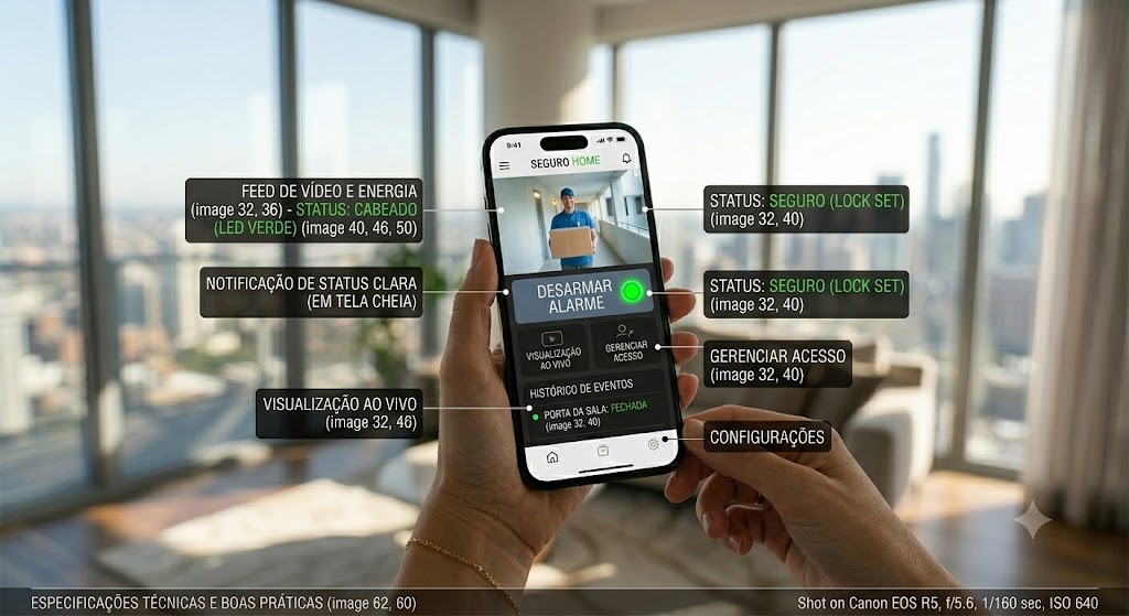 Aplicativo de celular controlando e monitorando o status de um alarme residencial sem fio.